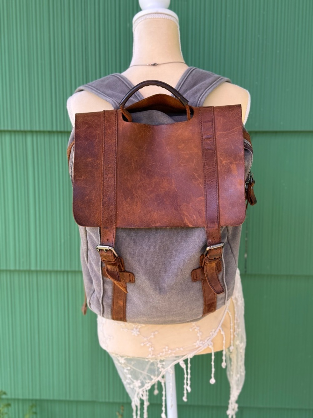 Canvas and Brown Leather Flap Shoulder Backpack